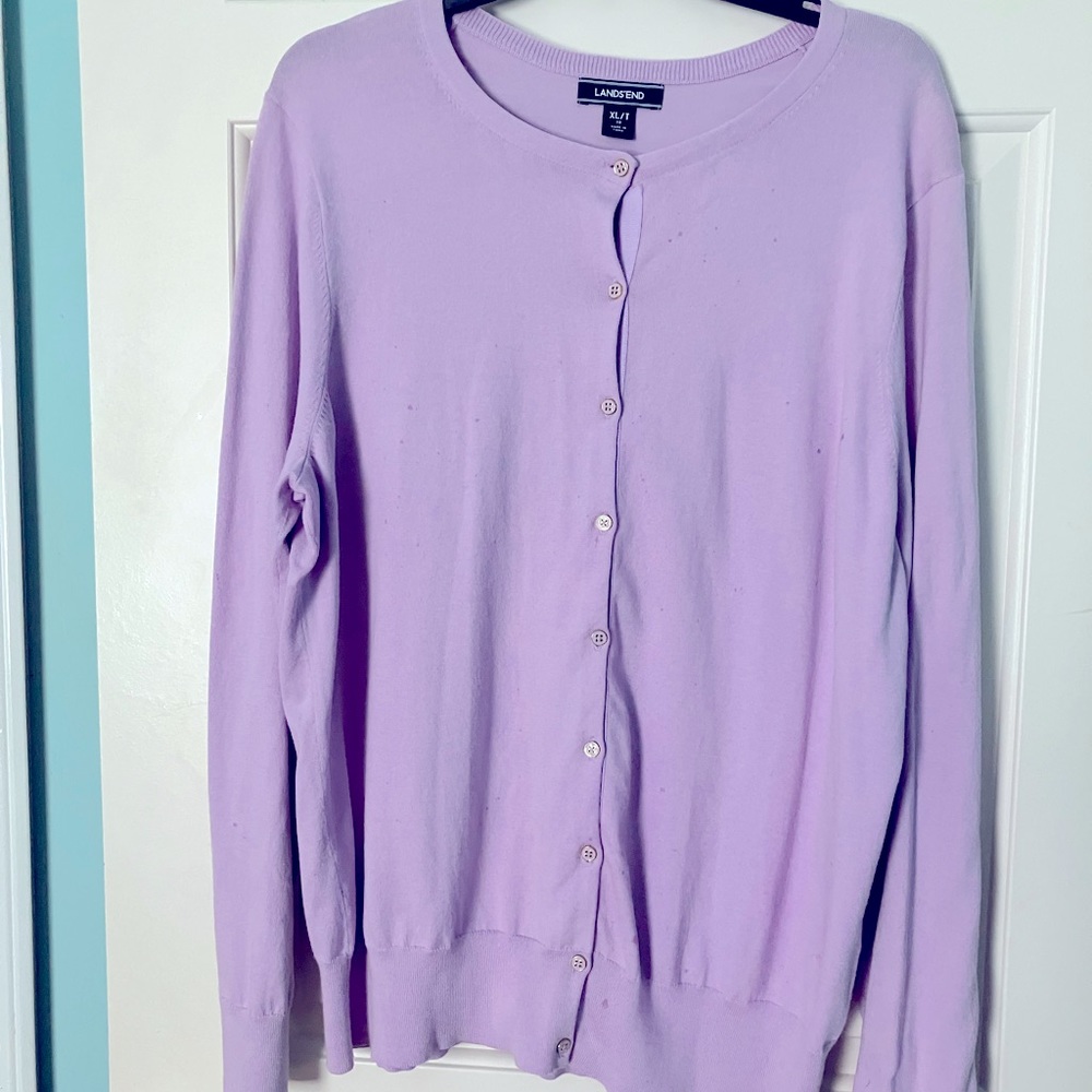 New Lands End spring weight lavender cardigan sweater. Size XL.
